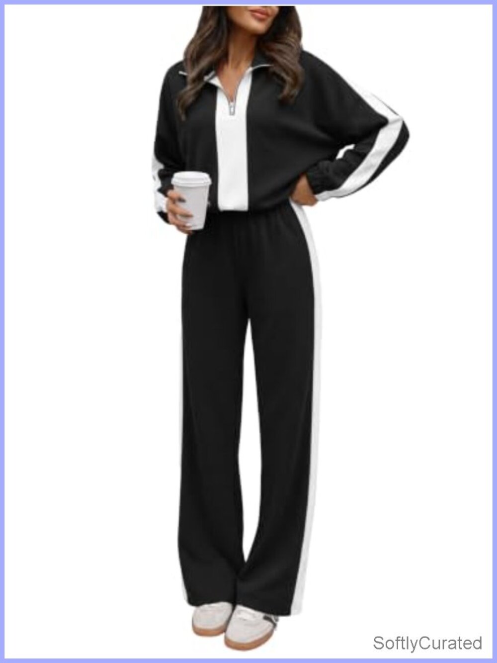 Women's 2 Piece Lounge Set Color Block Tracksuit Sweatsuit Half Zip Wide Leg
